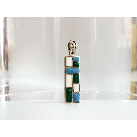 Geometric Malachite, Mother of Pearl & Blue Quartz 925 Sterling Vintage Pendant - Picture 10 of 10